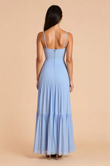 Bleu clair plissé une ligne spaghetti bretelles robe longue de demoiselle d’honneur
